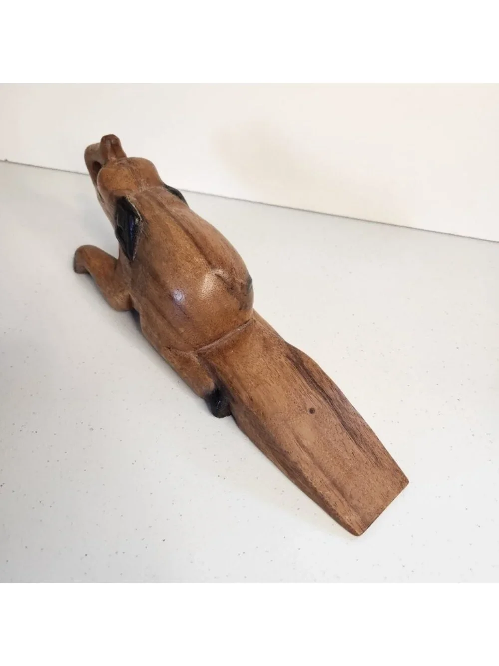 Vintage Wood Elephant Hand Carved Door Wedge Stopper Raised Trunk Up Boho 1970s